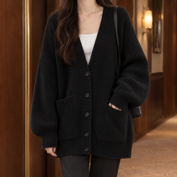 Morag - Women's ribbed cardigan in Black – alternate view