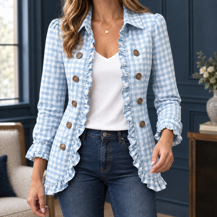 Women's Gingham Ruffle-Trim Longline Jacket Laurel – Blue Check – front