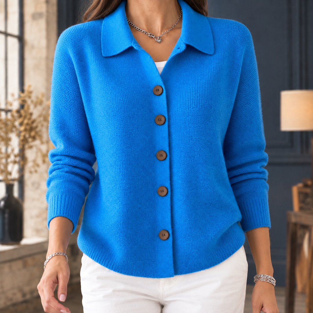 Women's wool collared cardigan Annis in Blue – front view