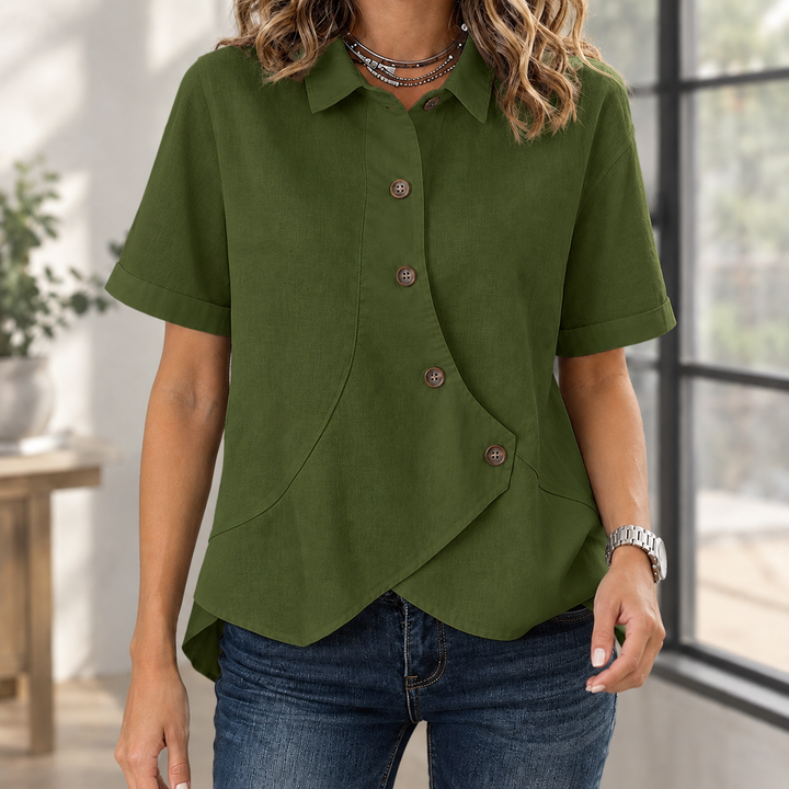 Women's Asymmetric Button Short Sleeve Linen-Blend Shirt Pomeline – Army Green – front