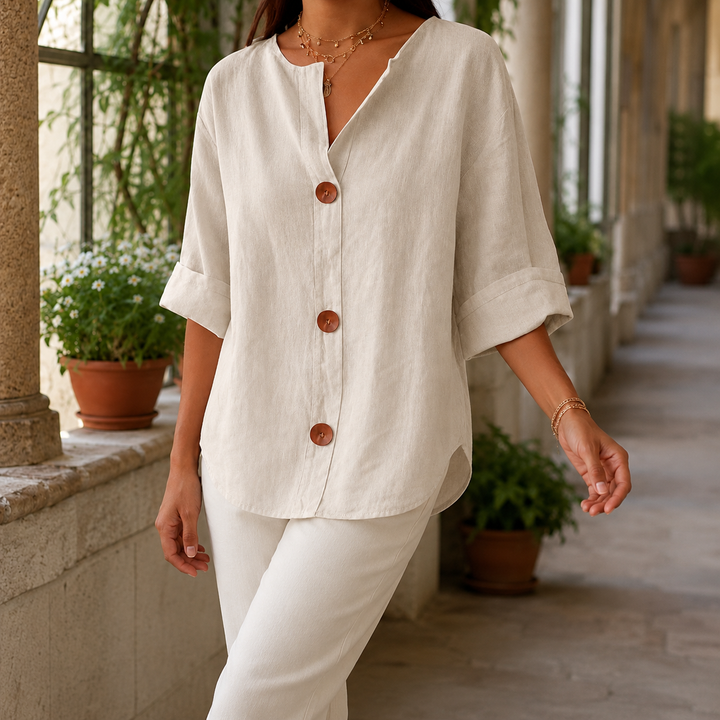 Women's Relaxed V-Neck Three-Quarter Sleeve Shirt Valencia – Beige – front