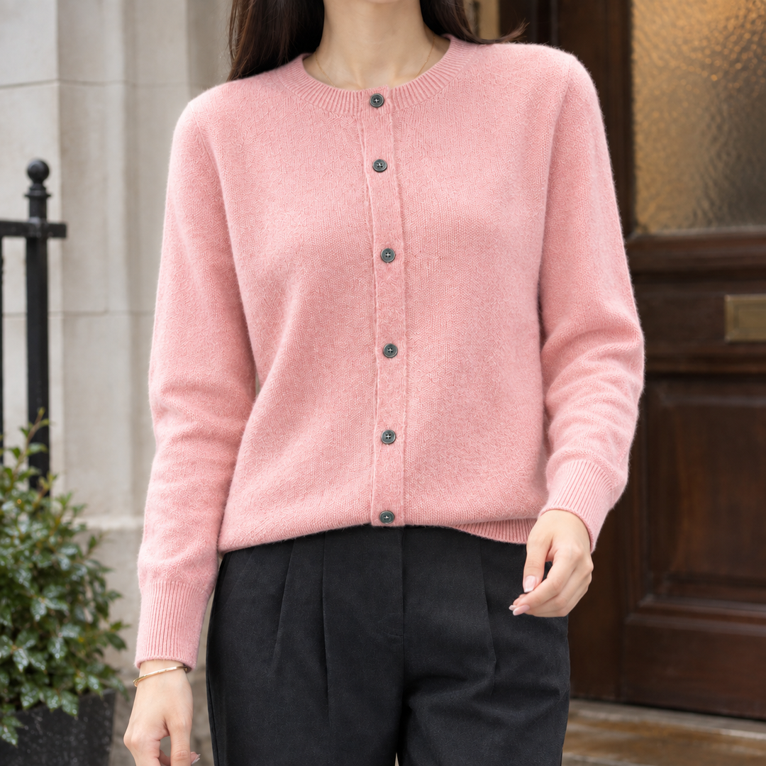 Women's wool-rich cardigan Paulette in Shrimp Pink – front view