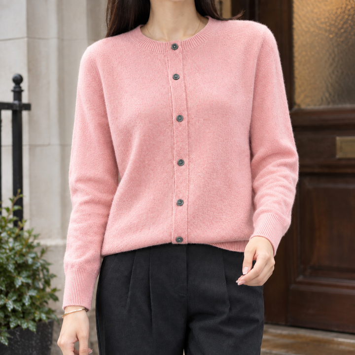 Women's wool-rich cardigan Paulette in Shrimp Pink – front view