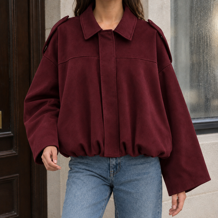 Lamberhurst women's suede-effect bomber jacket in Burgundy – front view