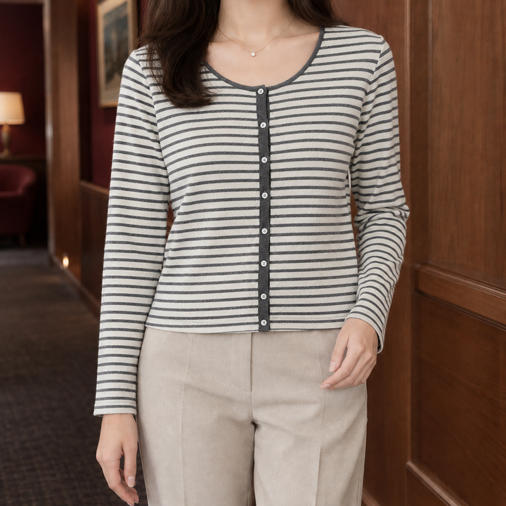 Women's Fine Knit Scoop Neck Button-Through Cardigan – Morvoren – Striped Grey – front view