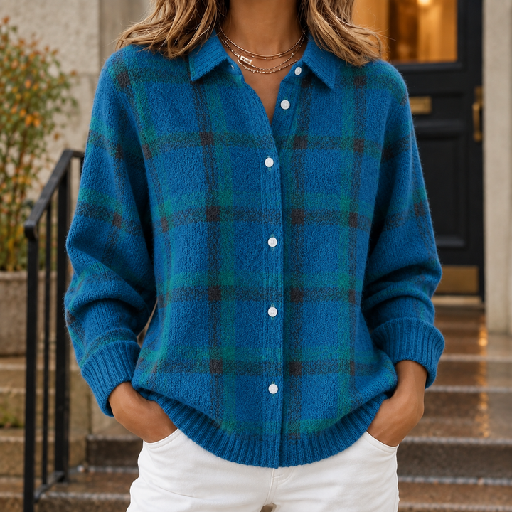Women's Knitted Check Shacket with Ribbed Cuffs Solange – Cobalt Blue – front