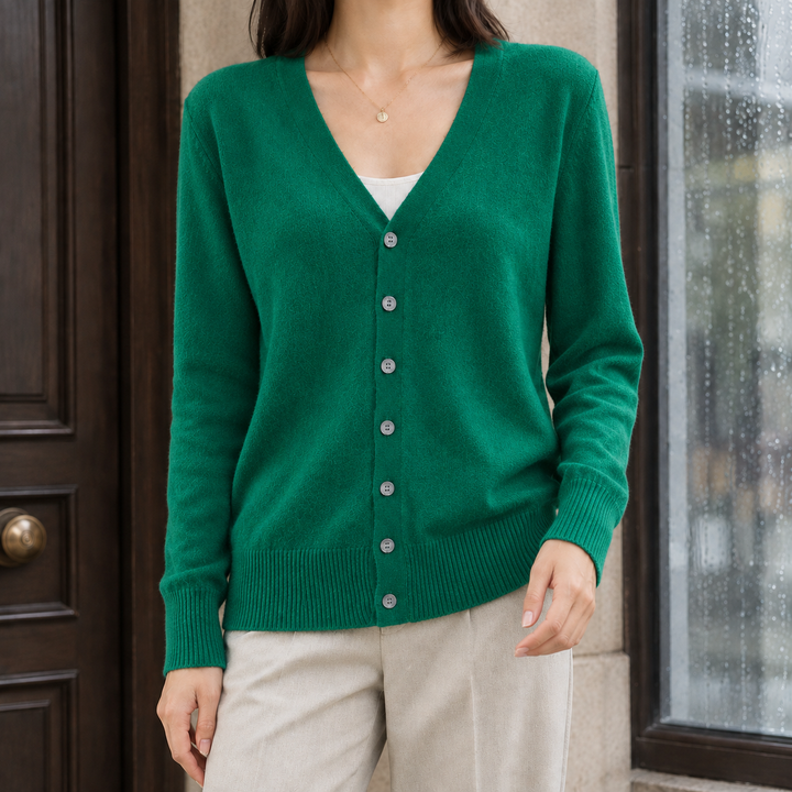 Women's Soft Knit V-Neck Button-Through Cardigan – Alanna – Emerald – front view
