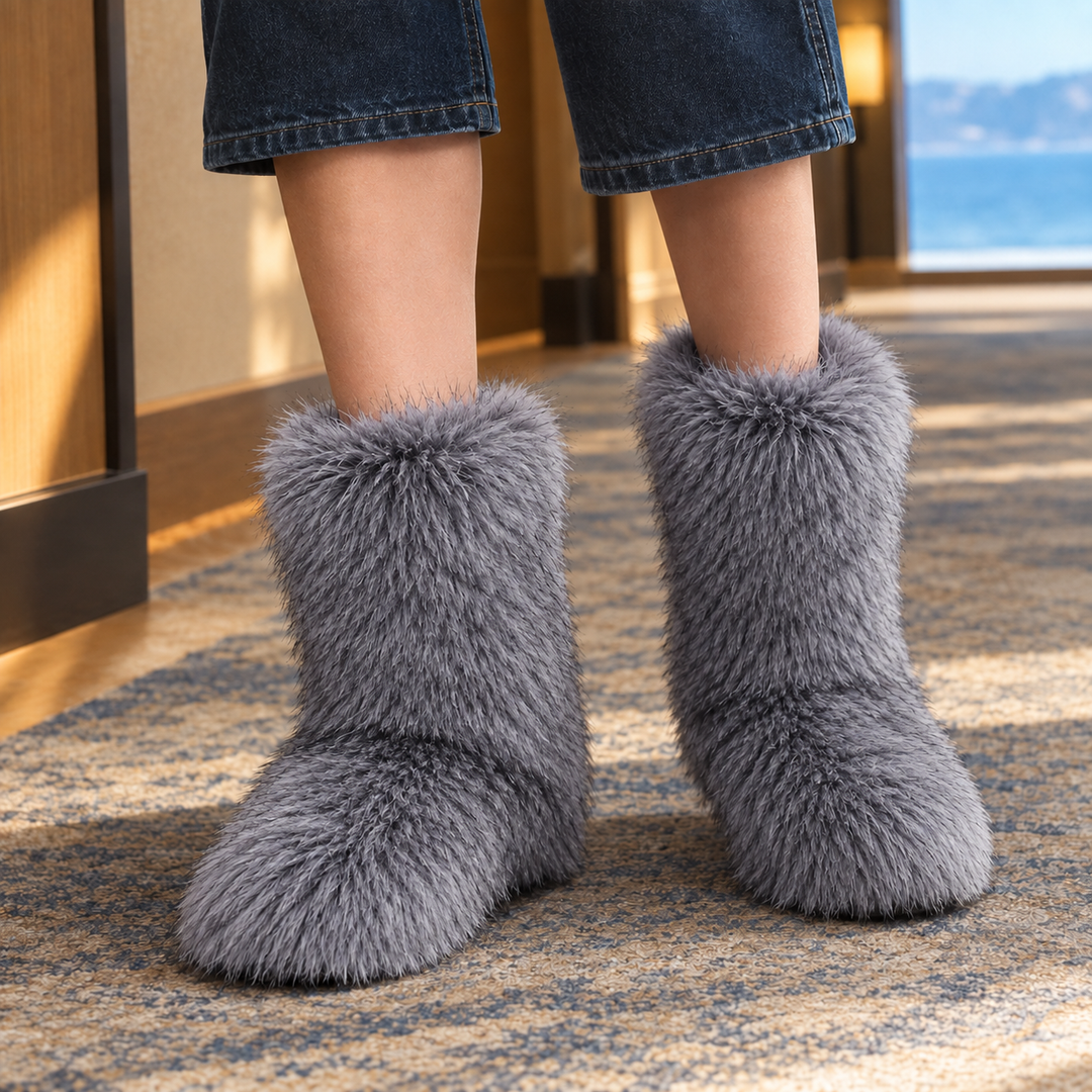 Buttermere women's fluffy plush mid-calf boots in Grey – front view