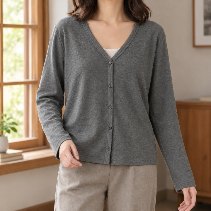 Women's Lightweight V-Neck Button-Through Cardigan – Sidony – Grey – front view