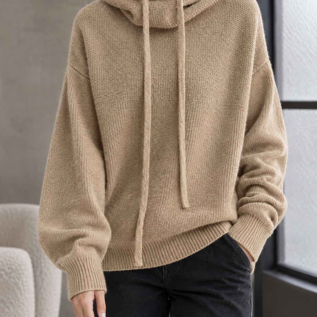 Lindsay - Women's wool cowl neck jumper in Camel – front view