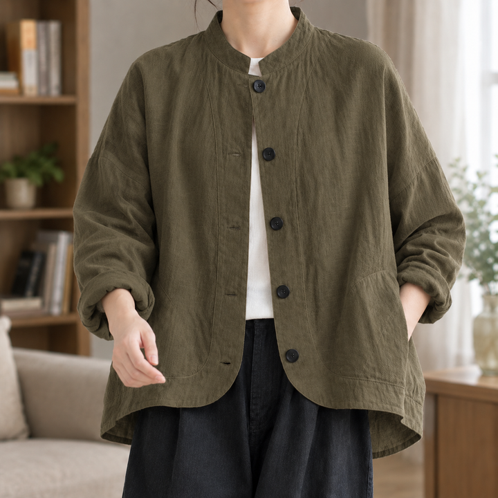 Midhurst women's stand collar cotton jacket in Khaki Green – front view