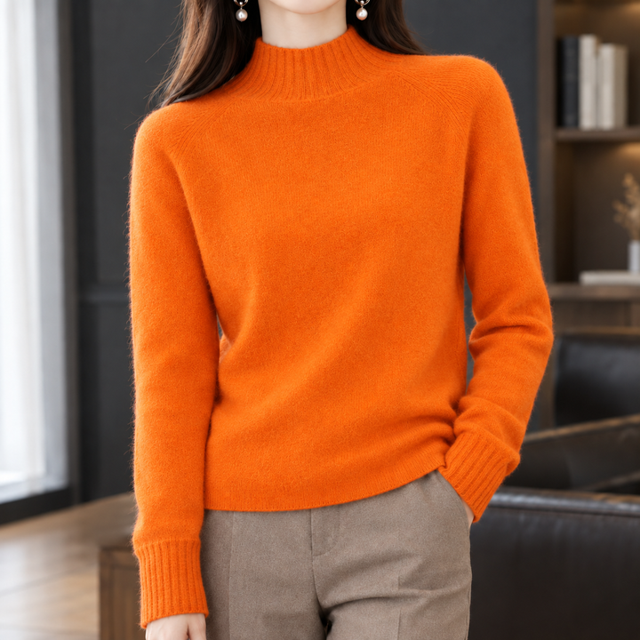Women's Cashmere Mock Neck Jumper with Raglan Sleeves – Wilma – Orange – front view