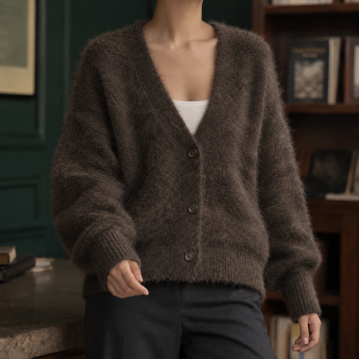 Women's fluffy V-neck cardigan Carrie in Dark Brown – front view