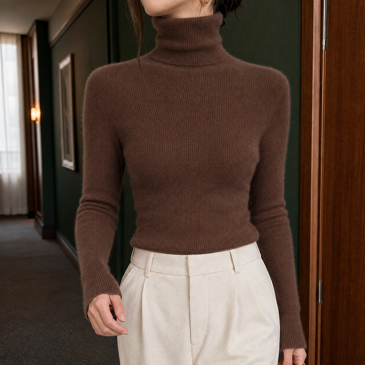 Women's Slim Fit Fine Ribbed Roll Neck Jumper – Sigrid – Brown – front view