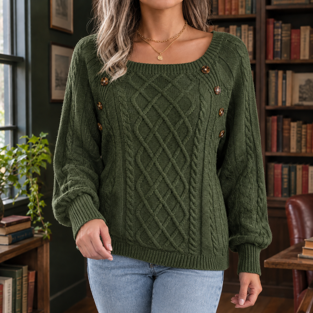 Women's Cable Knit Square Neck Jumper with Button Detail – Gwendolen – Khaki Green – front view