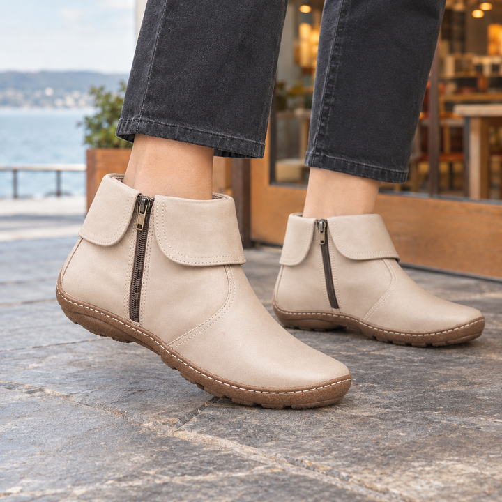 Troutbeck women's fold-over collar zip ankle boots in Stone – side view