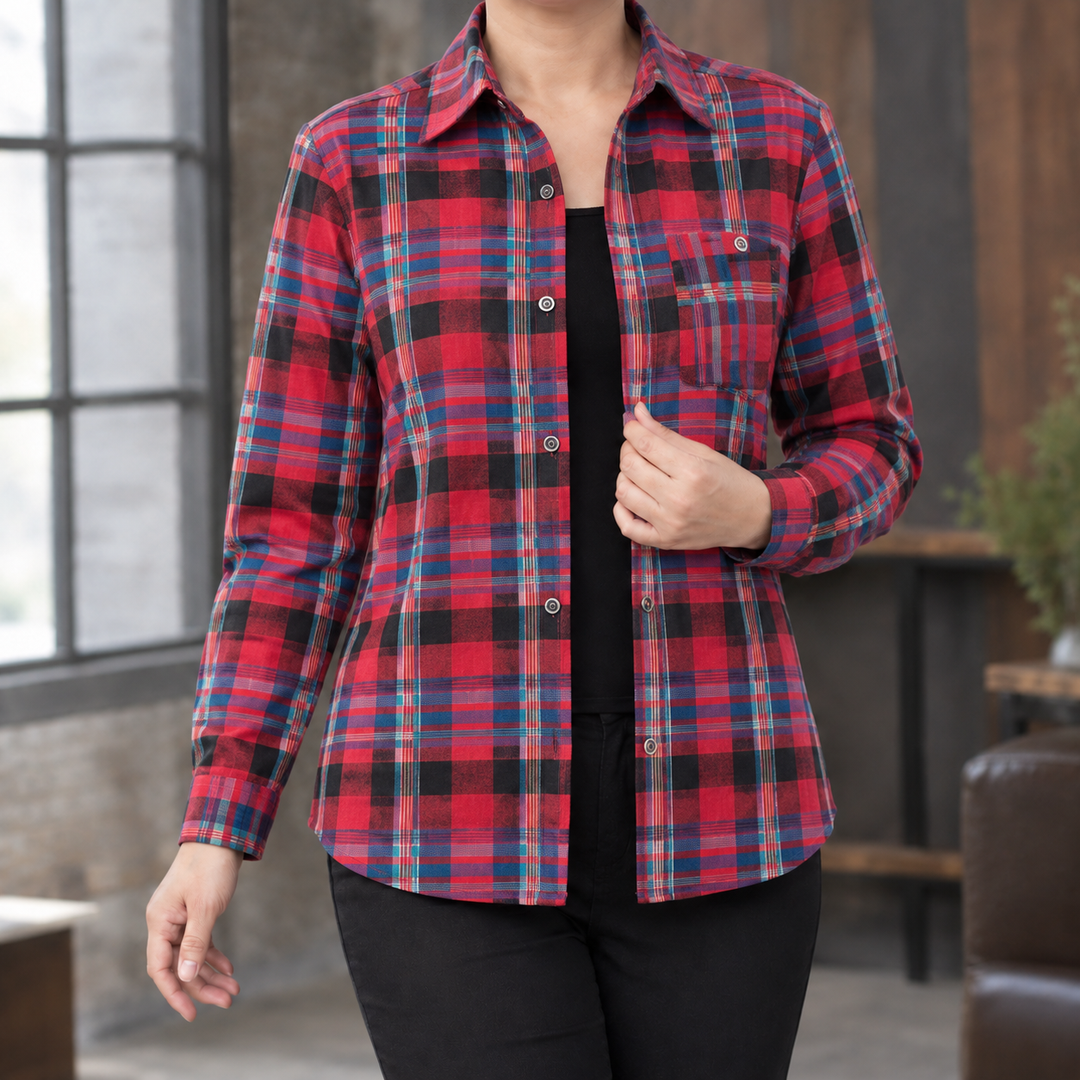 Women's Relaxed Check Plaid Button-Up Shirt Mairead – Red Plaid – front