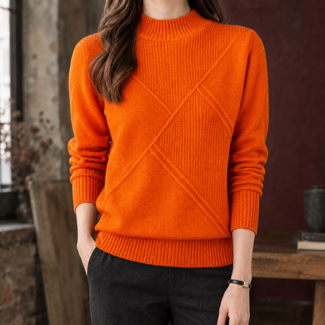 Women's Wool Blend Mock Neck Jumper with Geometric Rib Detail – Rhoswen – Orange – front view