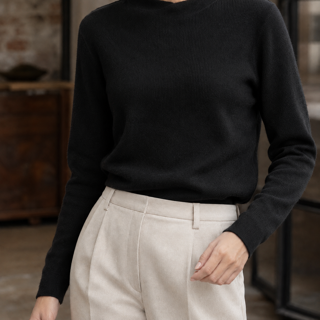Women's Fine Rib Mock Neck Jumper – Agnetha – Black – front view