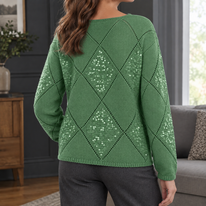 Women's Sequin Openwork Argyle Crew Neck Jumper – Candida – Green – back view