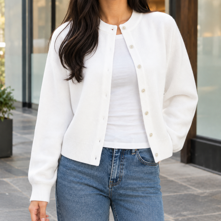 Kerensa - Women's crew neck cardigan in White – front view