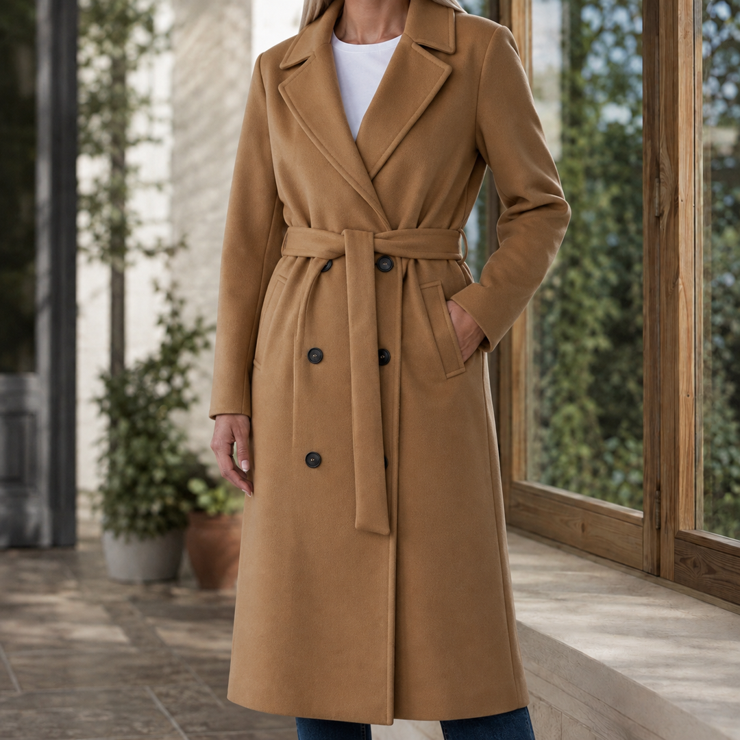 Lymington women's belted overcoat in Camel – front view