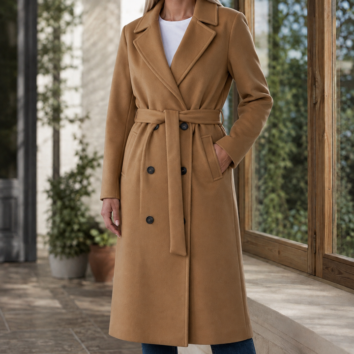 Lymington women's belted overcoat in Camel – front view