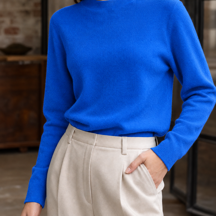 Women's Fine Rib Mock Neck Jumper – Agnetha – Cobalt Blue – front view