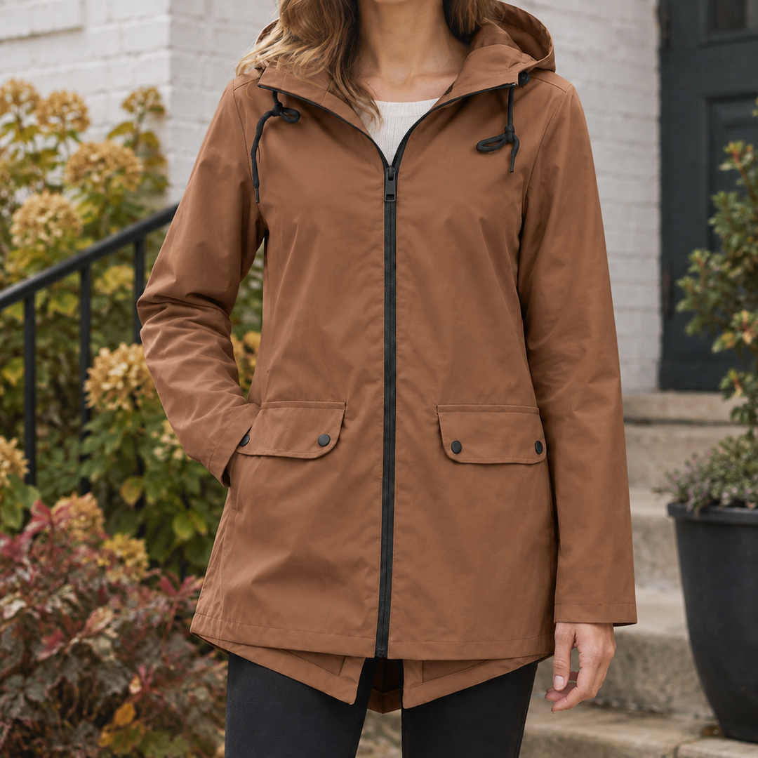 Warwick women's hooded jacket in Tan – front view
