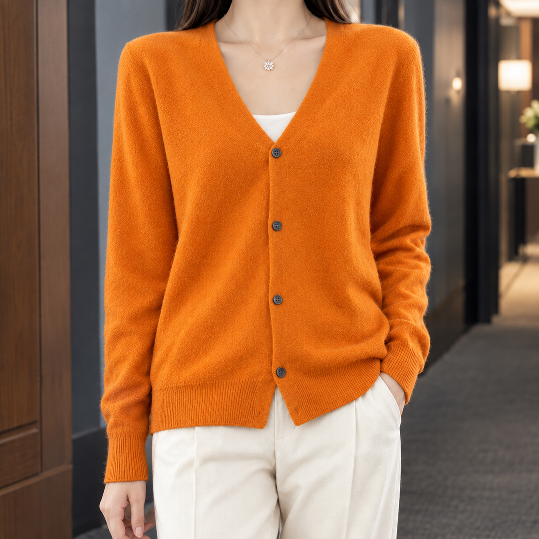 Fflur - Women's fine wool cardigan in Orange – alternate view
