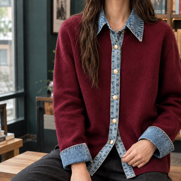 Women's Denim Trim Collared Button-Through Cardigan – Elinor – Retro Red – front view