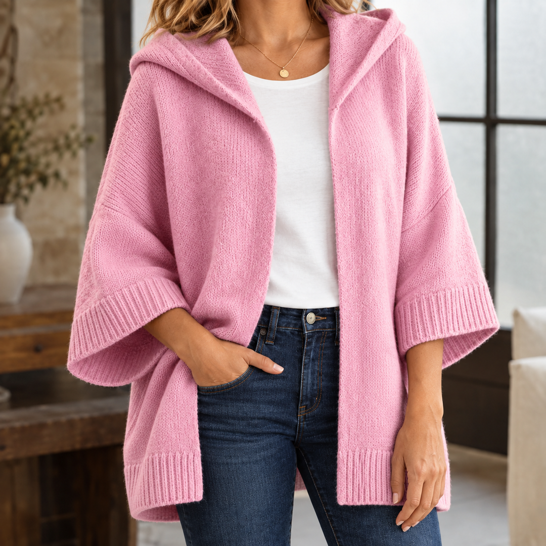 Brenna - Women's hooded knit cardigan in Pink – alternate view