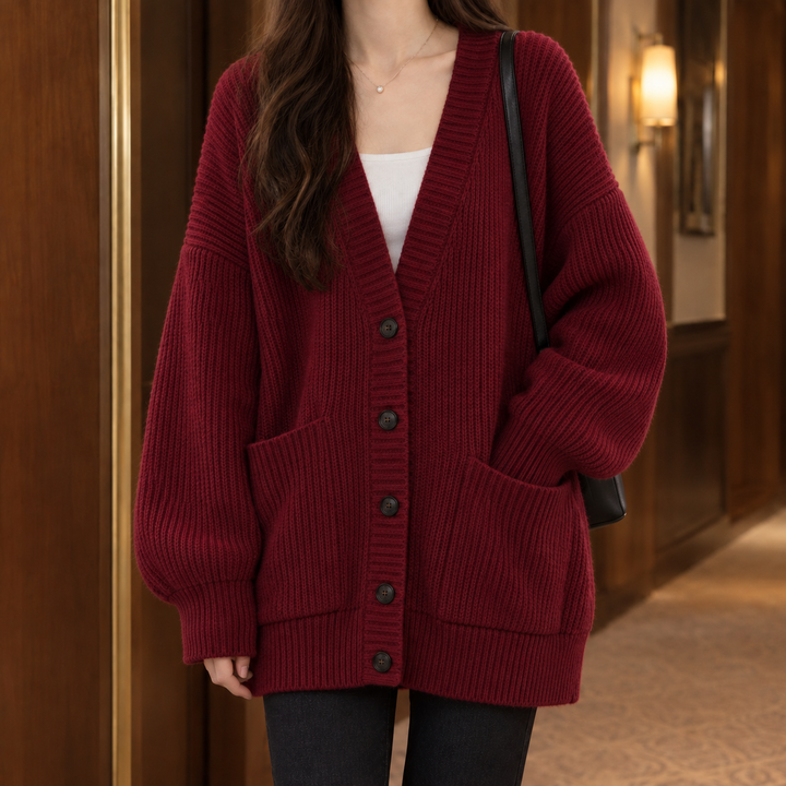 Morag - Women's ribbed cardigan in Burgundy – front view