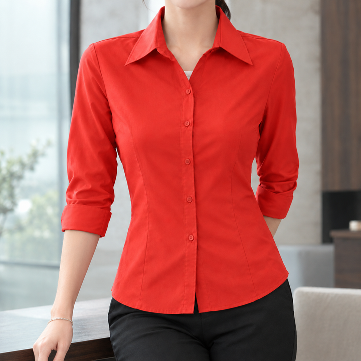 Women's Slim Fit Long Sleeve Button-Up Office Shirt Yolanthe – Red – front
