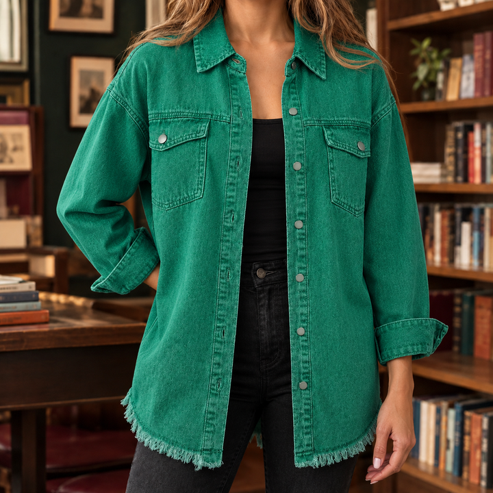 Women's Longline Denim Shacket with Frayed Hem Sloane – Emerald Green – front