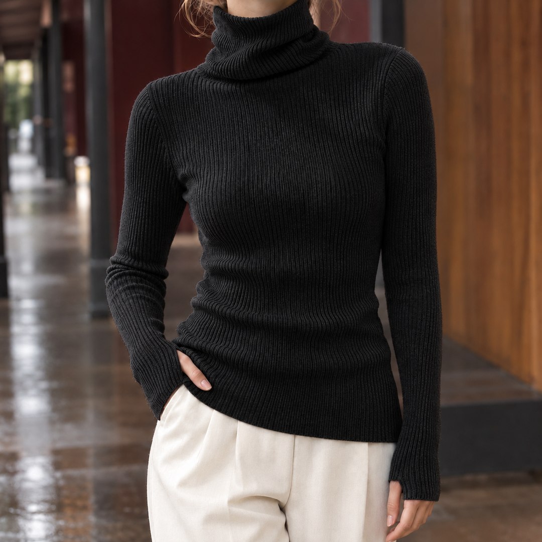 Women's Fitted Ribbed Roll Neck Jumper – Freda – Black – front view