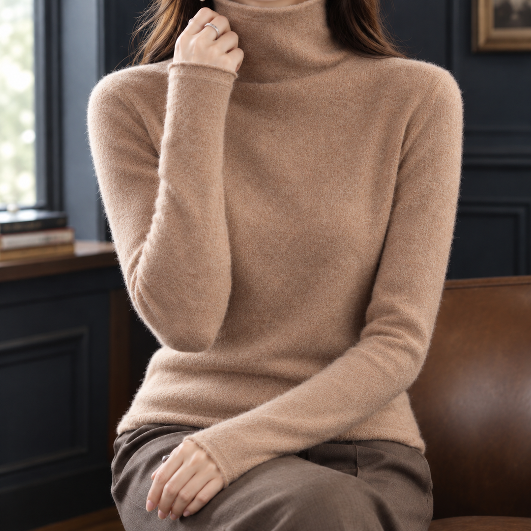 Women's Fine Cashmere Slim Roll Neck Jumper – Toni – Golden Camel – front view