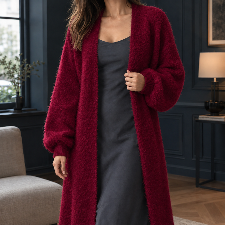 Melisende - Women's longline cardigan in Burgundy – alternate view