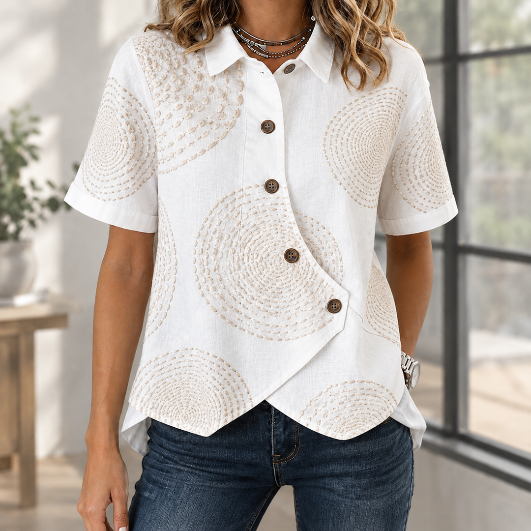 Women's Asymmetric Button Short Sleeve Linen-Blend Shirt Pomeline – White Print – front