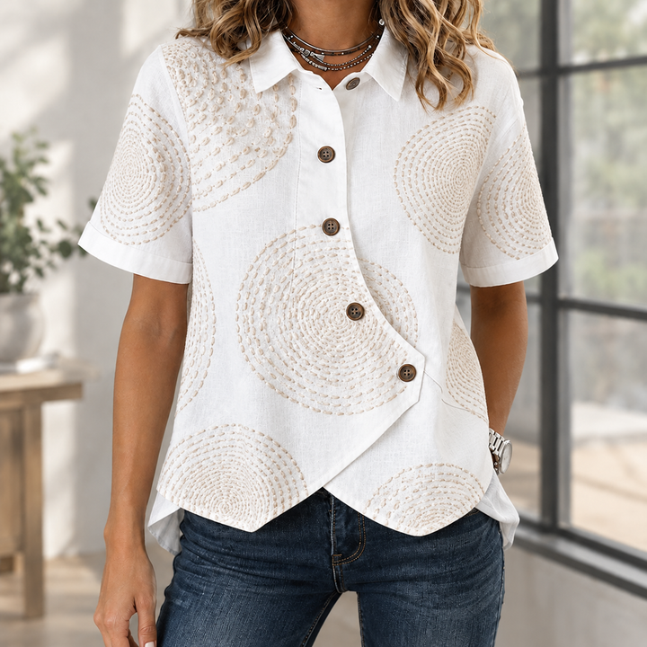 Women's Asymmetric Button Short Sleeve Linen-Blend Shirt Pomeline – White Print – front