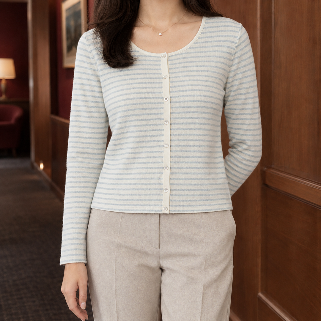 Women's Fine Knit Scoop Neck Button-Through Cardigan – Morvoren – Striped Light Blue – front view