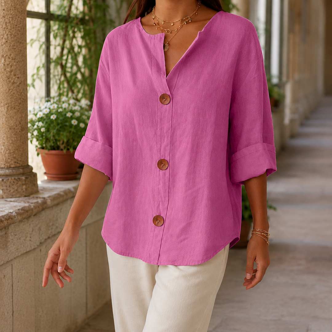Women's Relaxed V-Neck Three-Quarter Sleeve Shirt Valencia – Pink – front