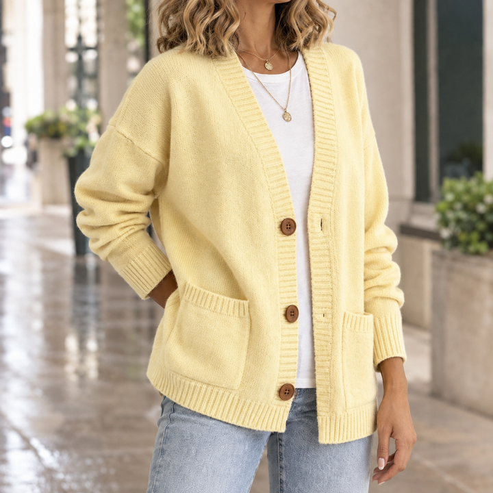 Women's v-neck pocket cardigan Beryl in Lemon Yellow – front view