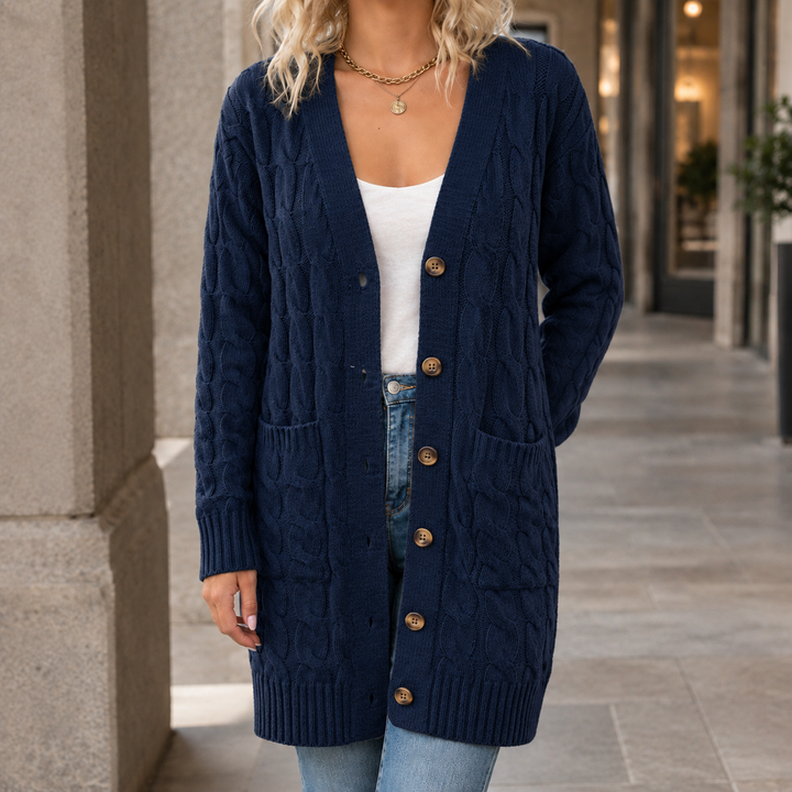Theodosia - Women's cable knit cardigan in Navy – alternate view