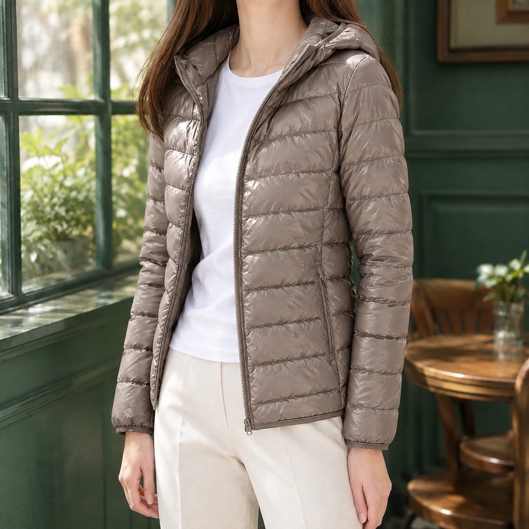 Inverness women's puffer jacket in Taupe – front view