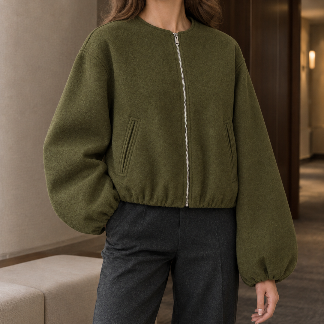 Tunbridge women's balloon-sleeve jacket in Khaki Green – front view