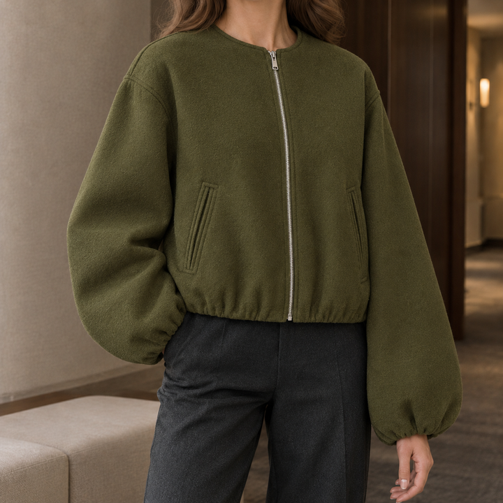 Tunbridge women's balloon-sleeve jacket in Khaki Green – front view