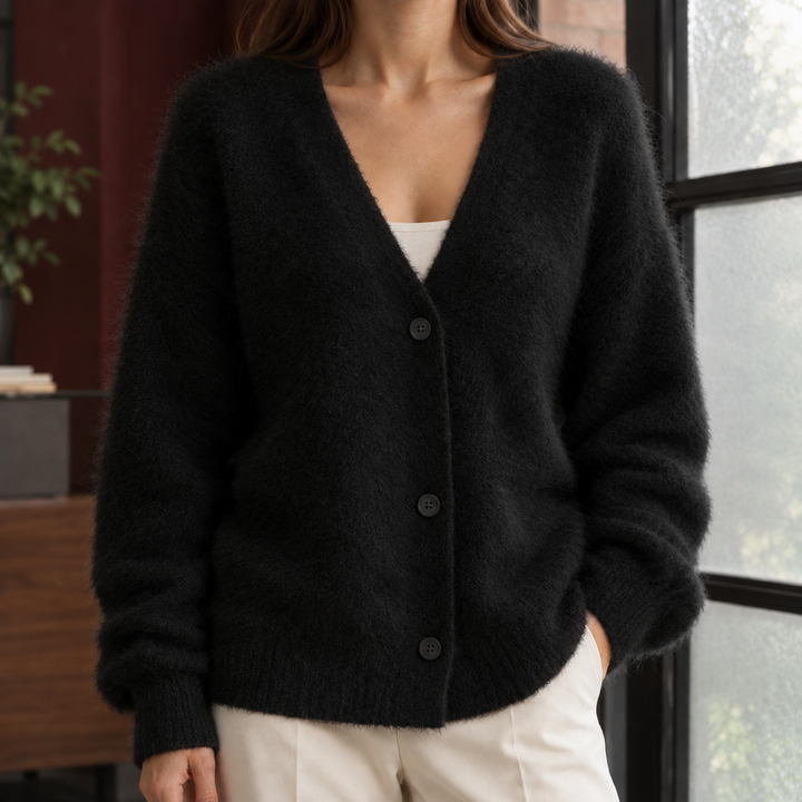 Women's Oversized Fluffy Wool-Blend V-Neck Cardigan – Georgette – Black – front view