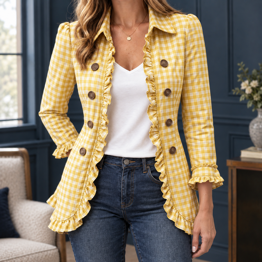 Women's Gingham Ruffle-Trim Longline Jacket Laurel – Yellow Check – front