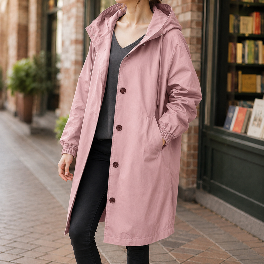 Lewes women's hooded overcoat in Dusty Pink – front view
